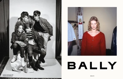 Split view featuring a black-and-white group portrait on the left and a model in a red cardigan on the right for Bally.