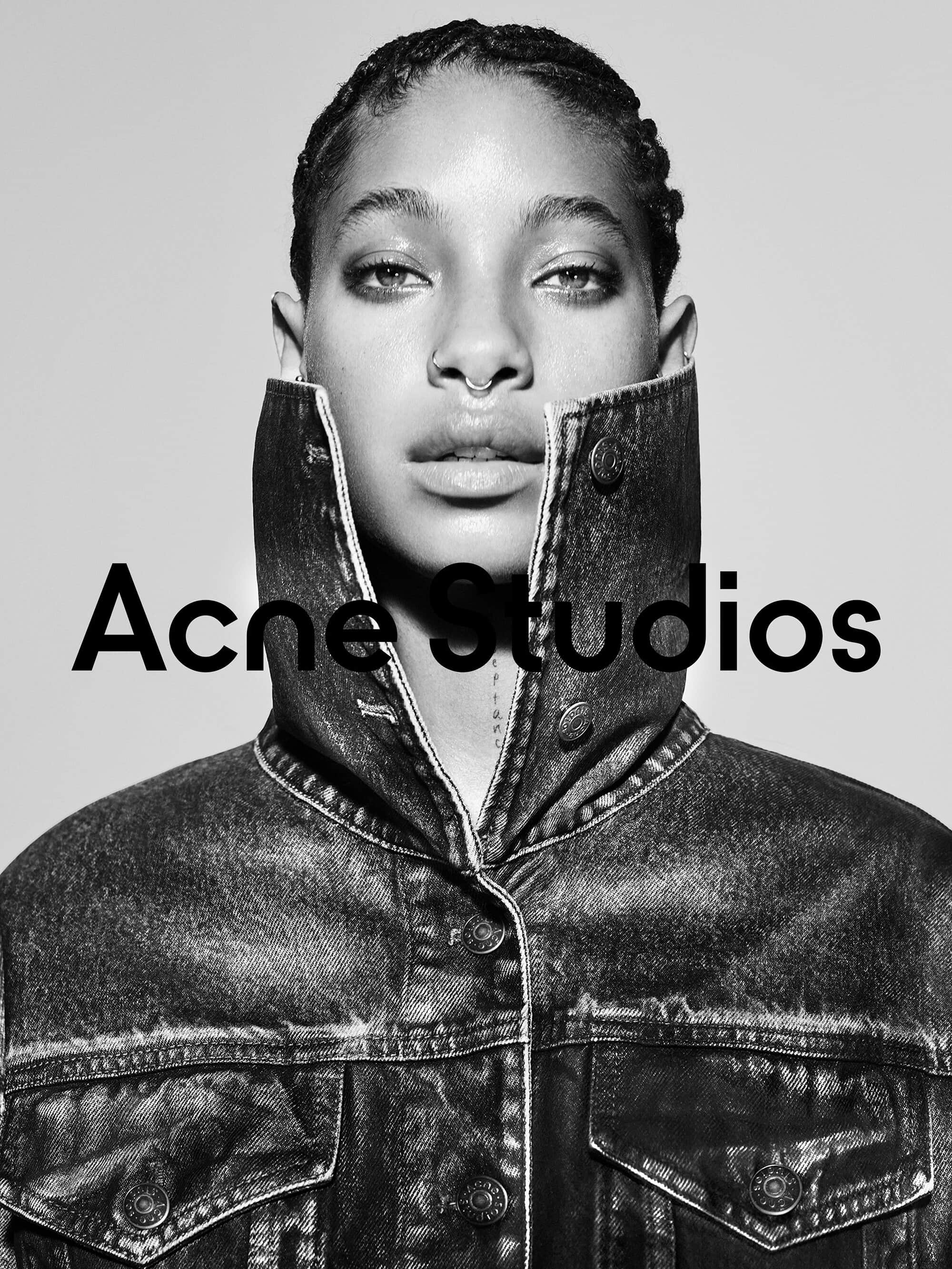 Portrait of Willow Smith wearing a high-collared denim jacket for Acne Studios Fall 2024 campaign