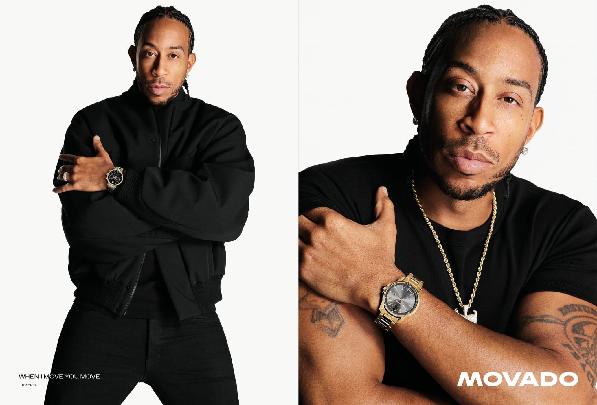 Portrait of Ludacris wearing a black jacket and gold wristwatch against a white background for Movado