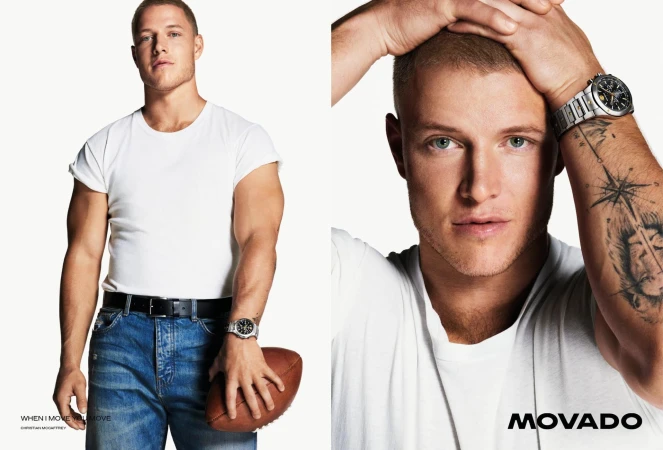 Christian McCaffrey wearing a white t-shirt and blue jeans holding a football for Movado Fall 2024 campaign