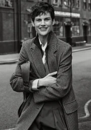 Model Saskia de Brauw in houndstooth coat holding a bag on a London street for ME+EM Fall 2024 ad campaign