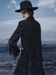 Model wearing a black fedora hat and a black fringed coat against an overcast sky and landscape background