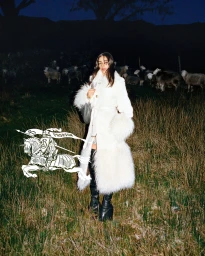 Model in a white belted coat with fur trim standing in a field at night with sheep grazing in the background.
