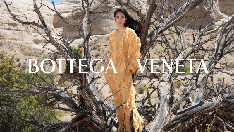 Model wearing a textured yellow dress standing amidst dry tree branches with an arid mountain landscape backdrop.