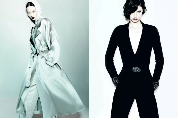 Two fashion models posing side by side against a clean light background for Giorgio Armani Fall 2024 campaign