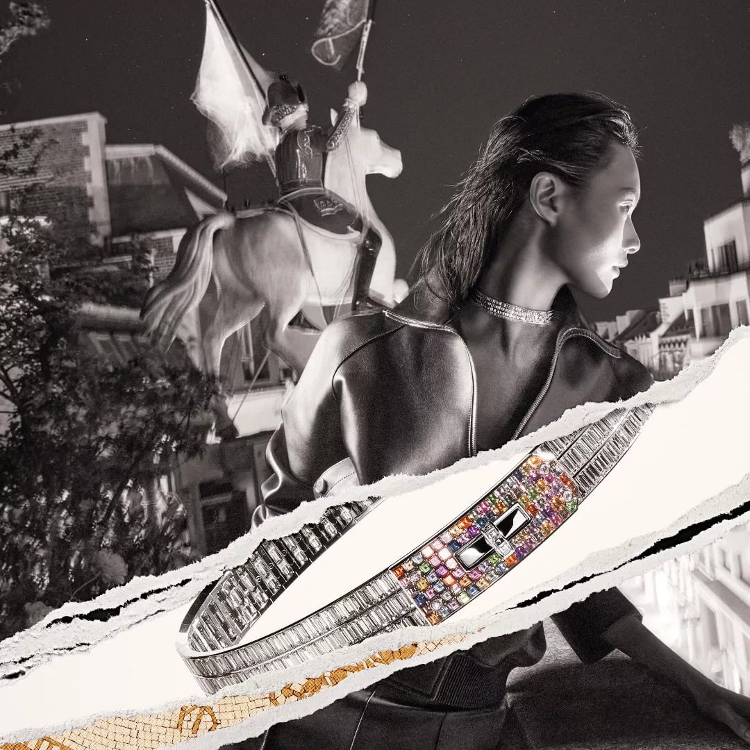 Monochrome fashion campaign image featuring a model wearing layered necklaces and a jacket with an overlaid torn paper graphic of a jewelled bracelet
