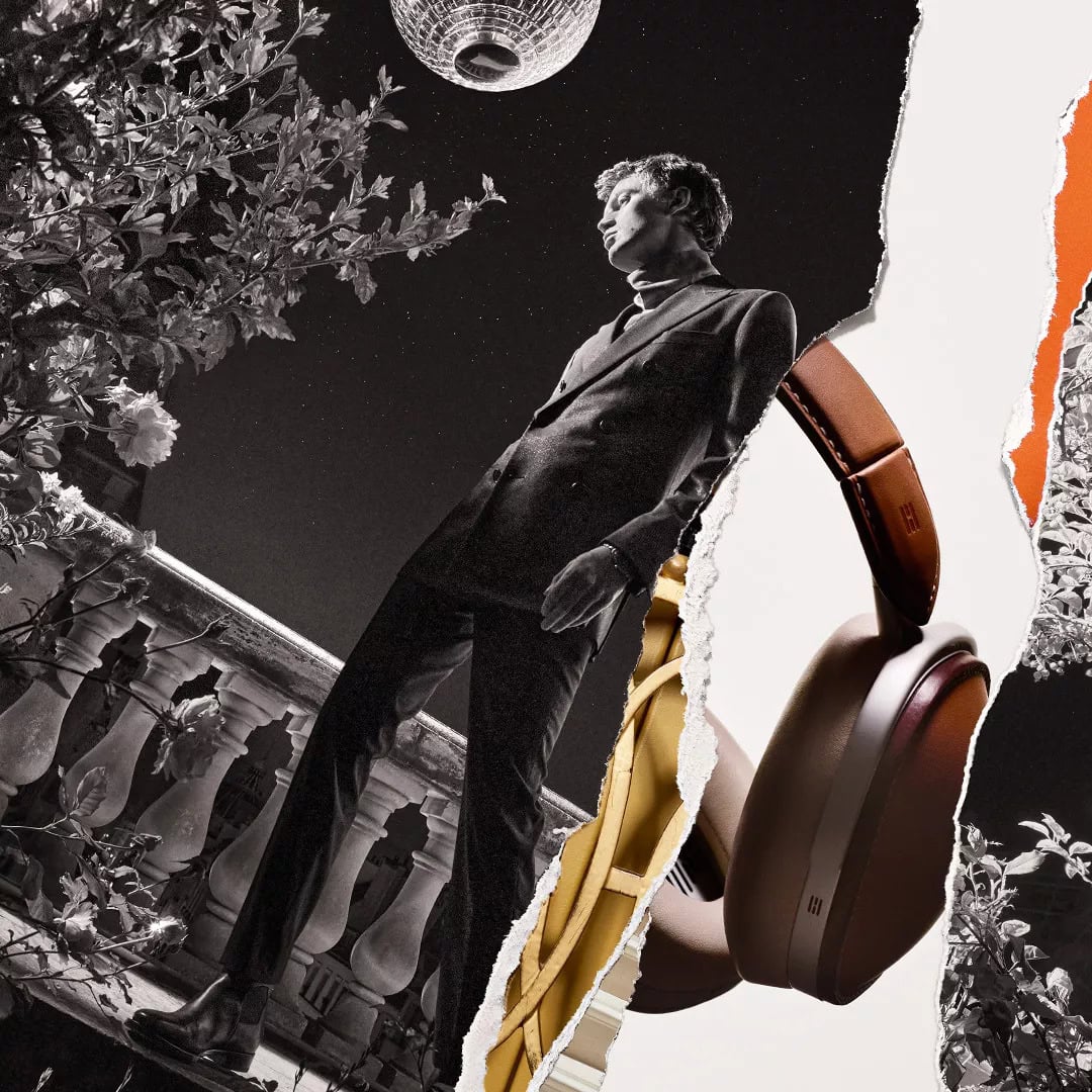 Collage style ad for Hermes featuring a man in a tailored suit beside brown leather headphones and a night sky.