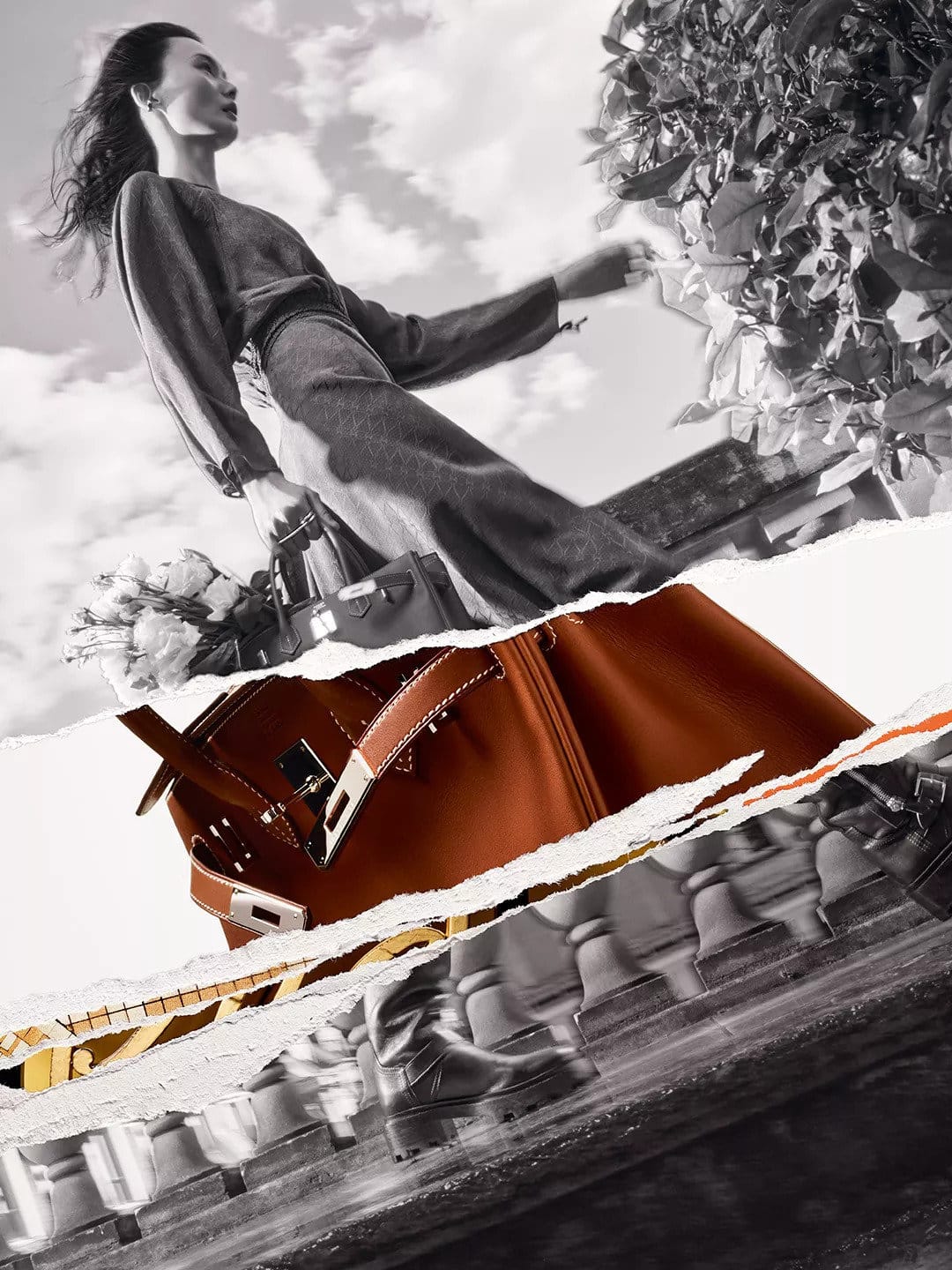 Monochrome collage-style image of a woman holding a leather handbag outdoors against a cloudy sky background.