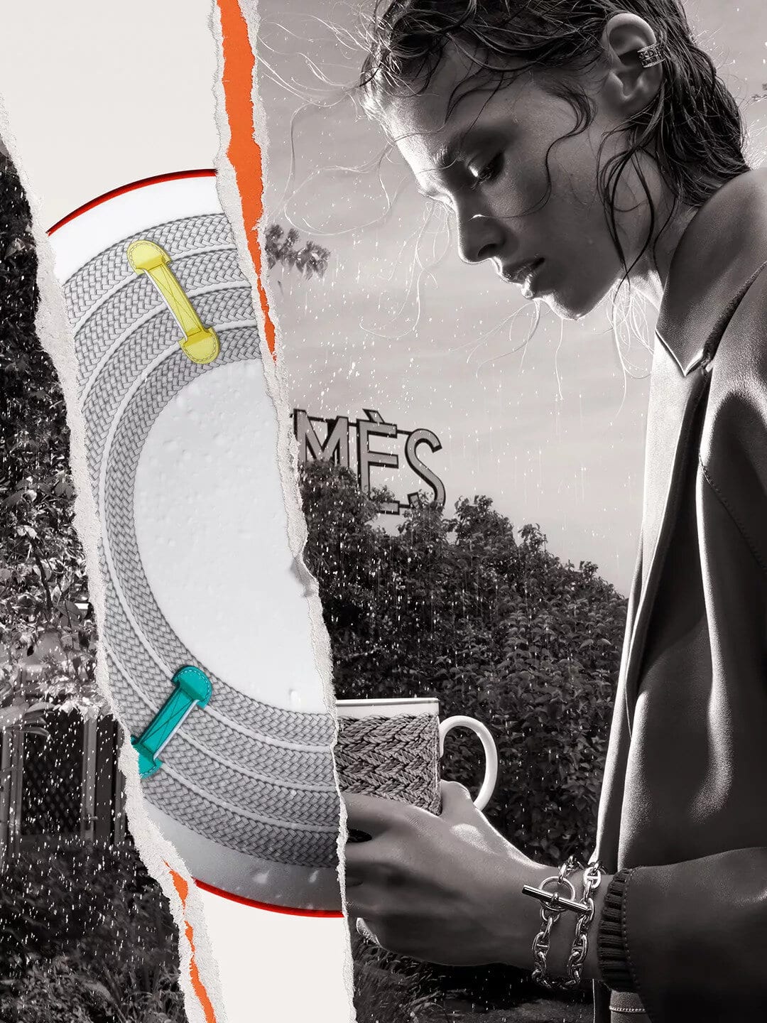 Model with wet hair holding a patterned mug and silver bracelet for Hermès Fall 2024 ad campaign