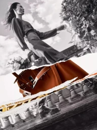 Monochrome collage-style image of a woman holding a leather handbag outdoors against a cloudy sky background.