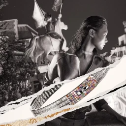 Monochrome fashion campaign image featuring a model wearing layered necklaces and a jacket with an overlaid torn paper graphic of a jewelled bracelet
