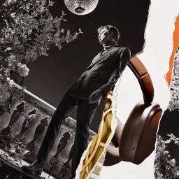 Collage style ad for Hermes featuring a man in a tailored suit beside brown leather headphones and a night sky.