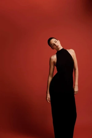 Model Kendall Jenner wearing a black halterneck dress against a warm red backdrop