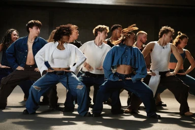 Group of dancers in denim and white t-shirts posing in a low-lit industrial space for the Gap Get Loose campaign.