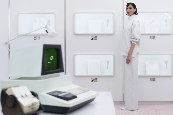 Model Nara Aziza Smith in a grey sweatshirt and matching pants standing in a minimalist laboratory setting for Aritzia.