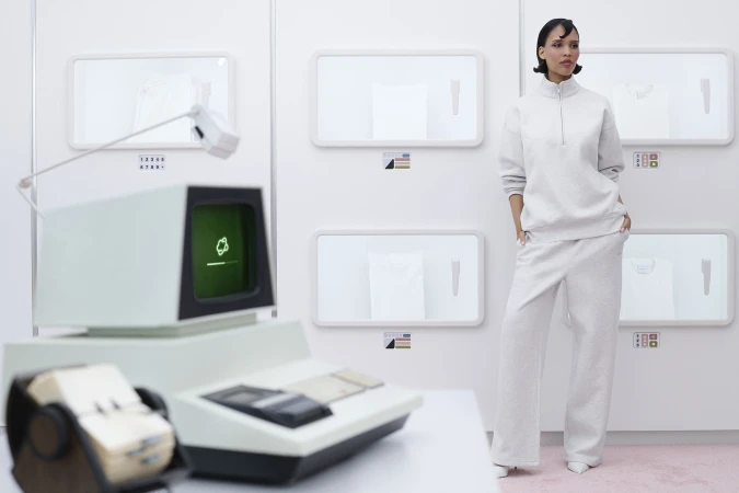 Model Nara Aziza Smith wearing a grey sweatfleece matching set in a retro minimalist white setting with vintage computer