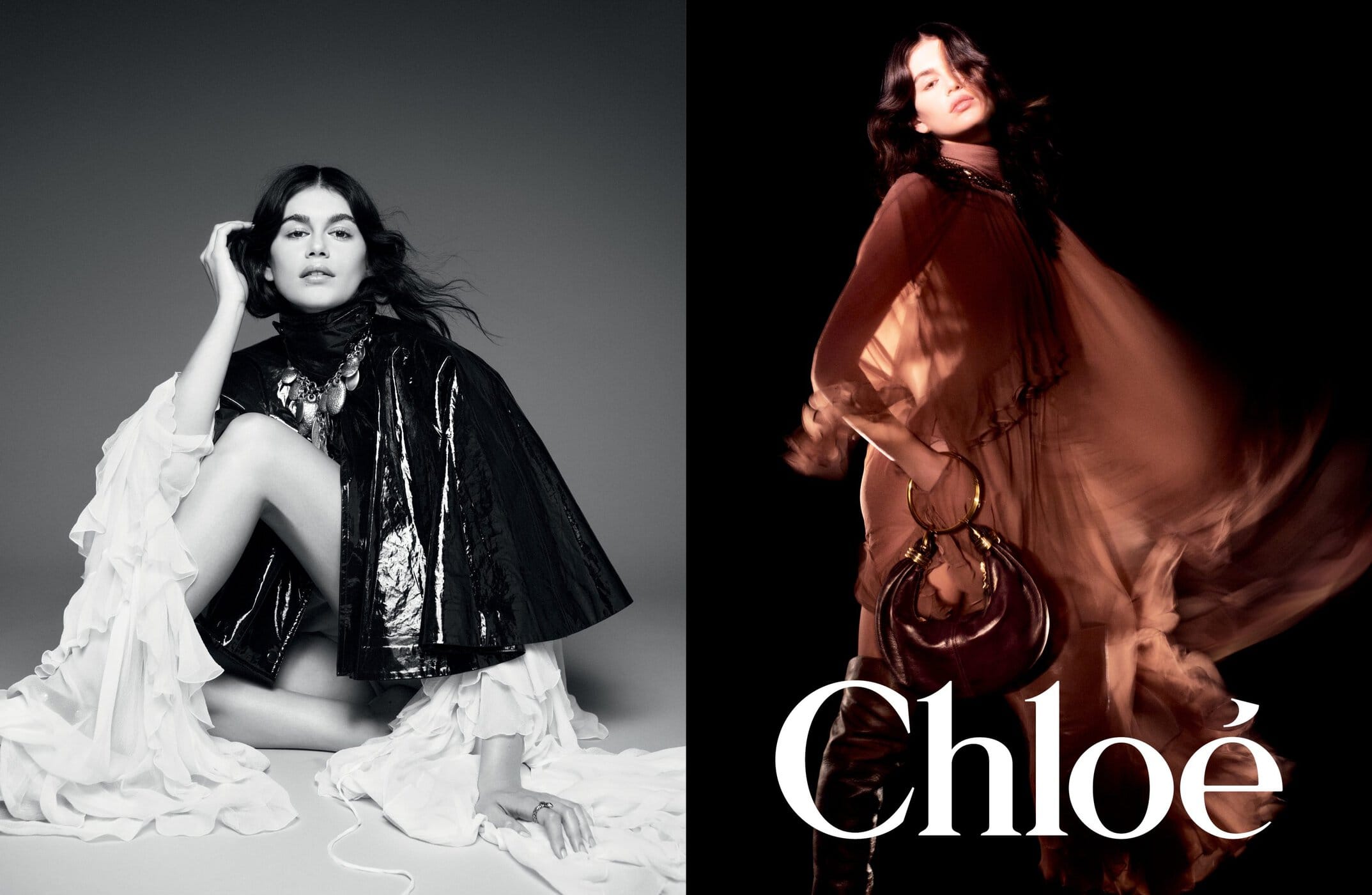 Two fashion portraits from Chloé winter 2024 campaign featuring models in dark and flowing garments against neutral backgrounds