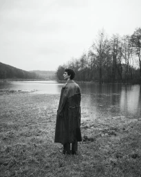 Man wearing a long dark coat standing outdoors in a wet landscape by a lake, photographed in monochrome.