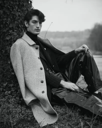 Man wearing a textured coat and dark trousers seated outdoors against an ivy-covered tree trunk in a black and white portrait.