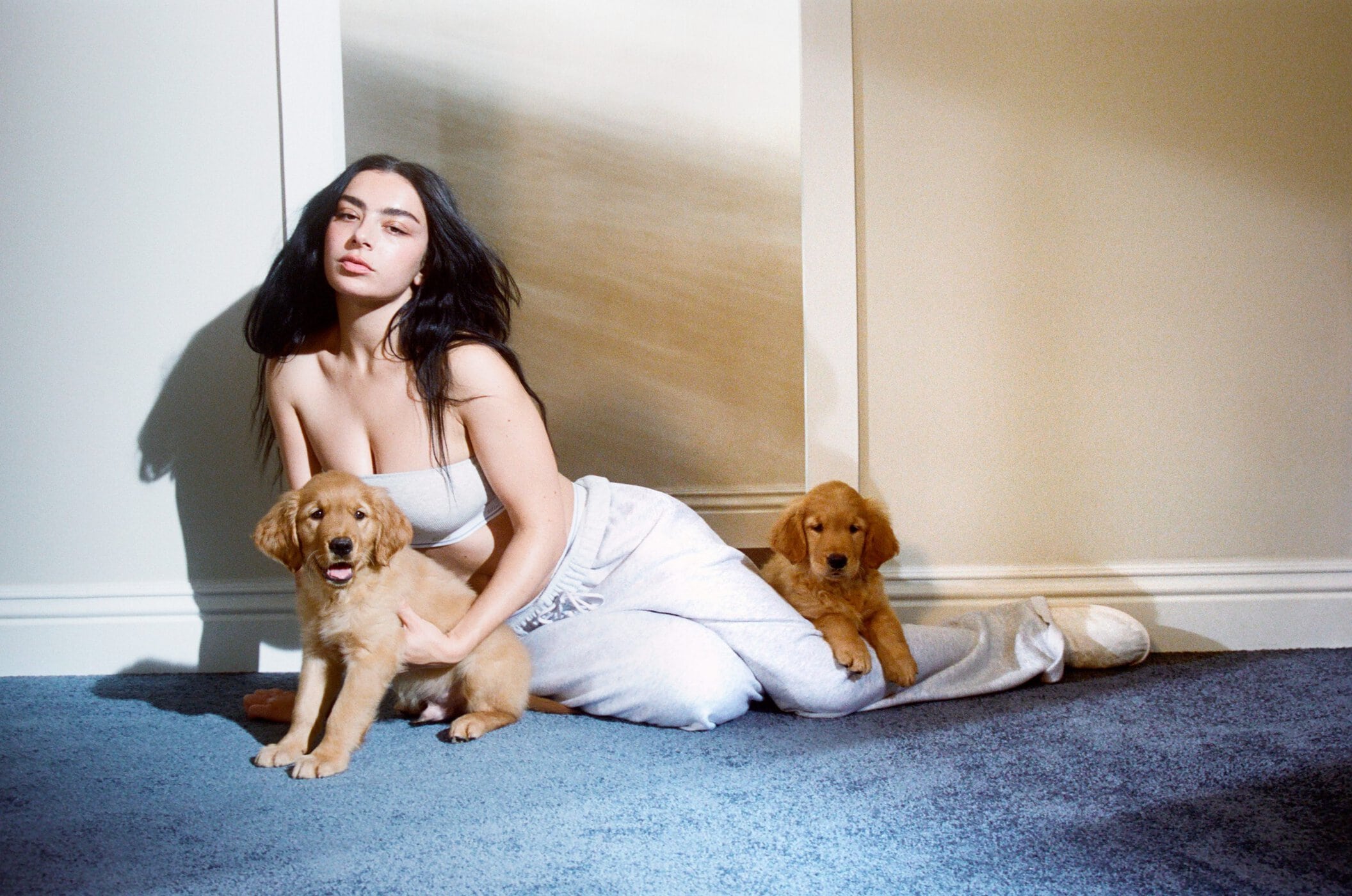 Woman with long dark hair posing on a blue carpet wearing a white tube top and light grey sweatpants with two golden retriever puppies.