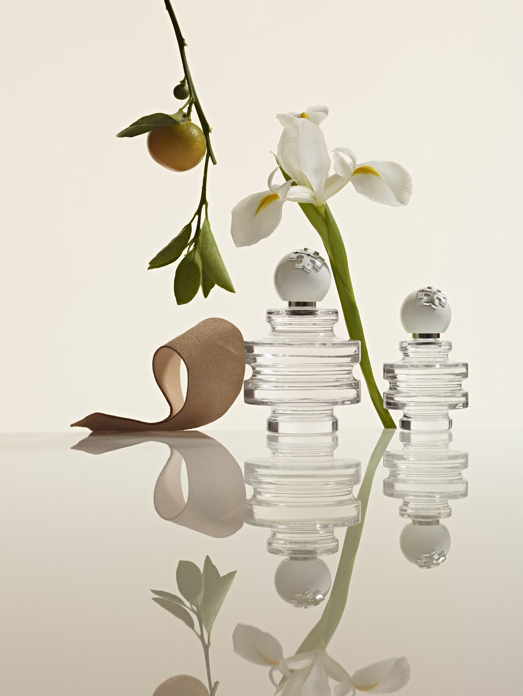 Two clear glass perfume bottles with white spherical caps next to a white iris flower, a citrus branch, and a curled ribbon on a reflective surface