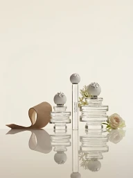 Tory Burch perfume bottles with spherical stoppers displayed on a reflective white surface alongside a beige ribbon and white flower.
