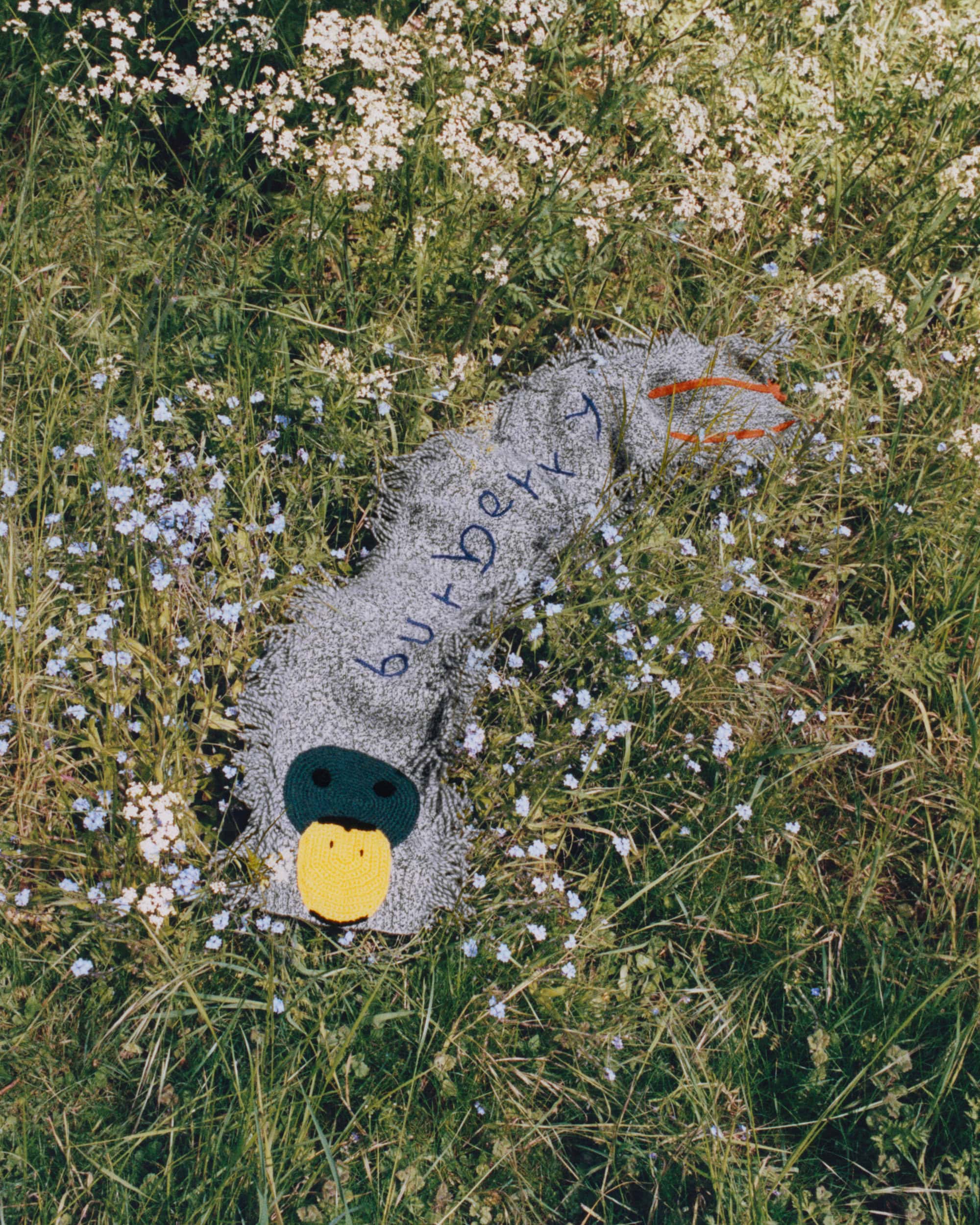 Knitted grey caterpillar toy with a duck face lying in green grass and wildflowers