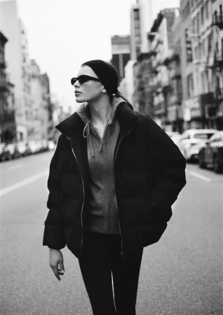 Model in a black puffer jacket and sunglasses walking down a city street