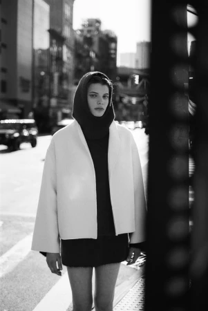 Model wearing a white jacket and dark hooded sweater standing outdoors on a city street in black and white.