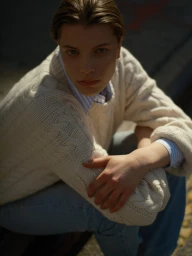 Woman wearing a cream cable-knit sweater and blue jeans posing outdoors for Soft Goat Fall 2024 ad campaign.