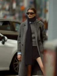 Model in grey wool coat and dark scarf walking on New York City street
