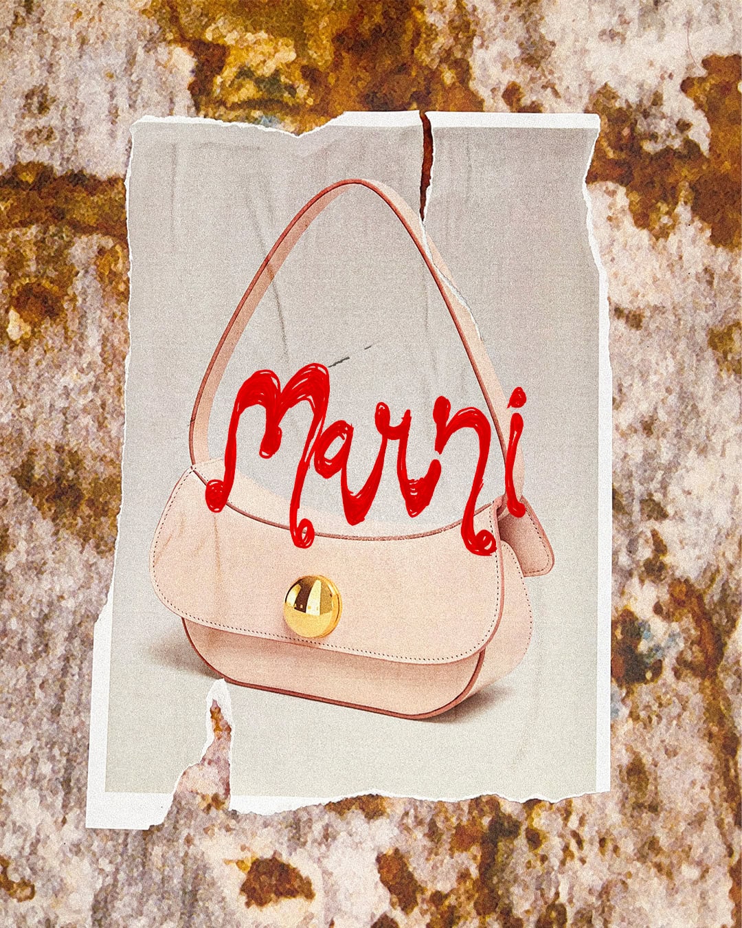 Torn paper cutout showing a pastel handbag with a gold sphere clasp and red script Marni branding over a textured background.