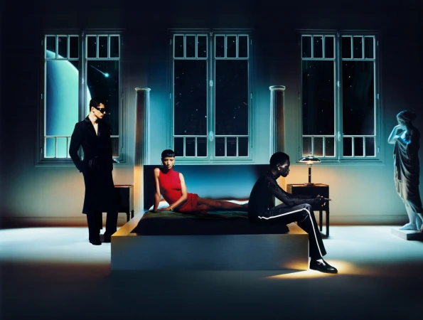 Three models posed in a theatrical bedroom set with celestial windows, for the Casablanca Fall 2024 campaign.