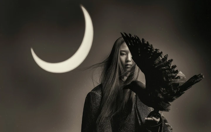 Model holding a large dark bird with a glowing crescent moon in the background