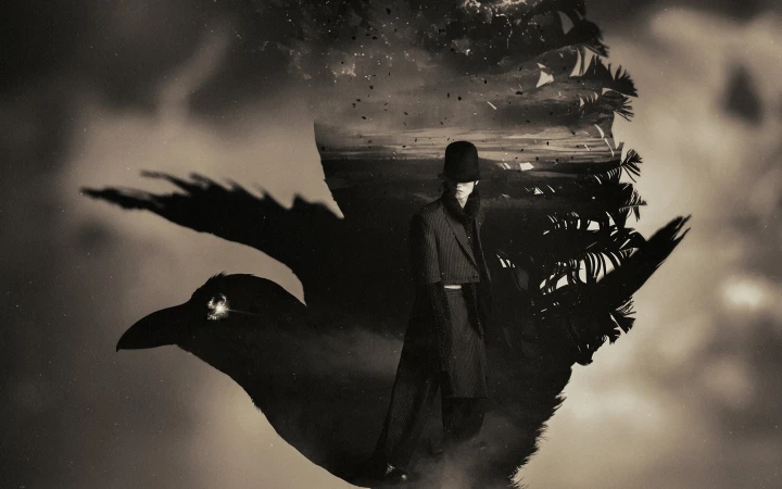 Double exposure fashion campaign image of a person standing within a giant silhouette of a crow against an overcast sky.
