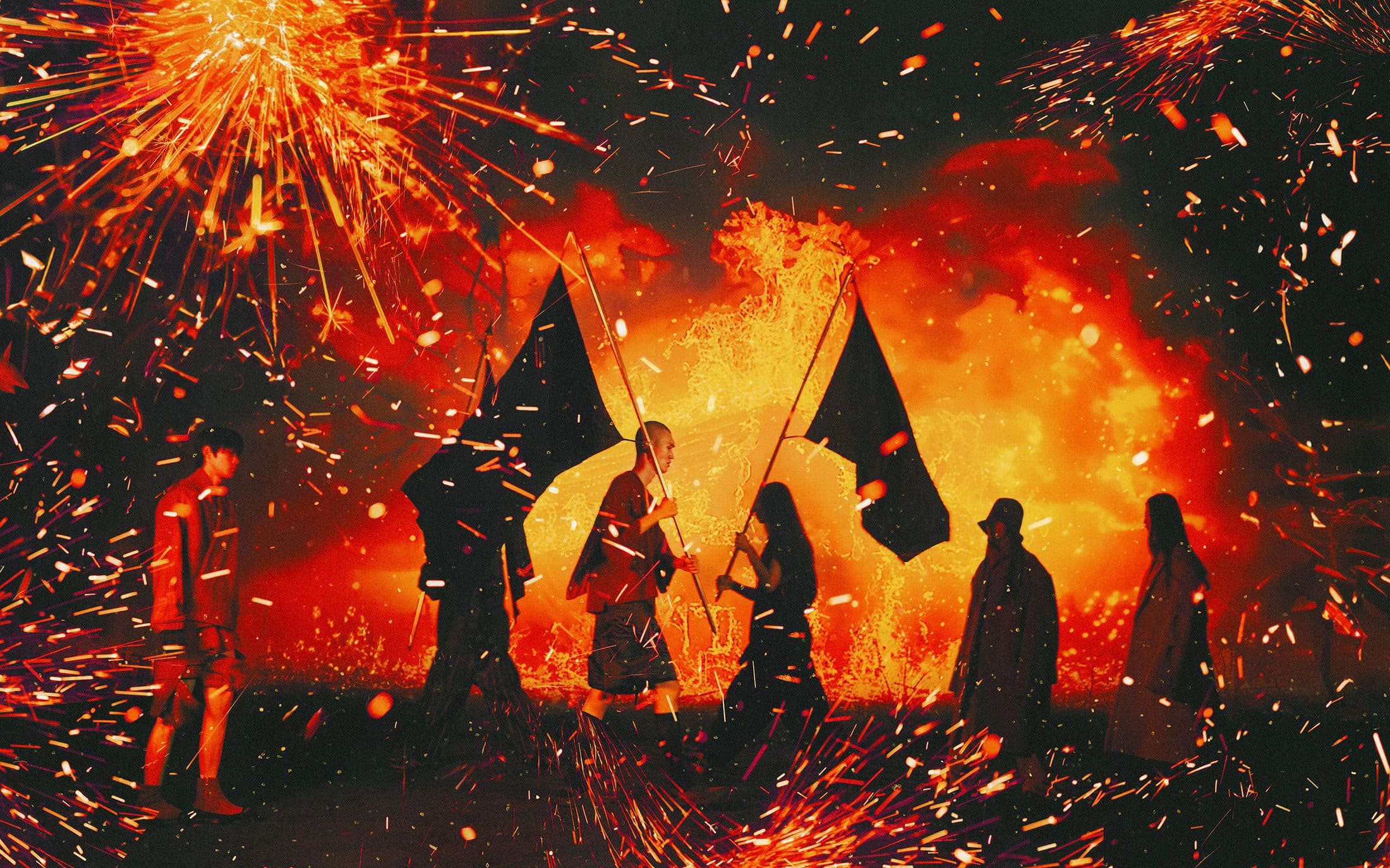 Group of models holding dark flags amidst flying fiery orange sparks and fiery background for Songzio campaign