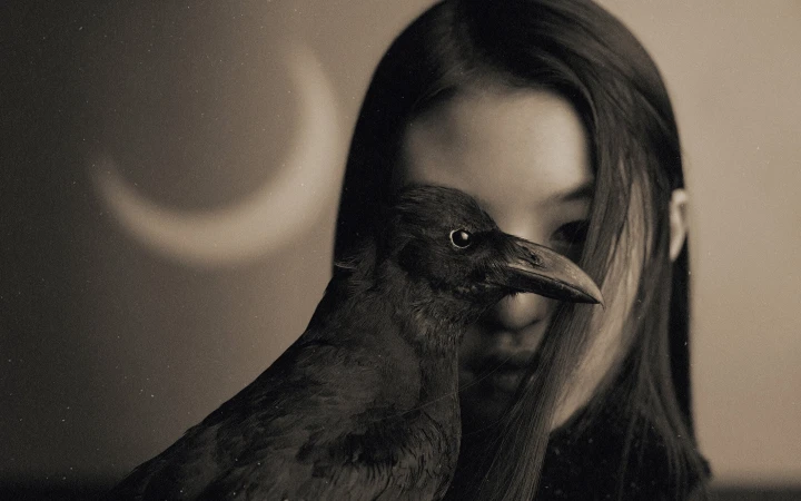 Close-up portrait of a person with long dark hair partially obscured by a dark crow, with a crescent moon in the background.