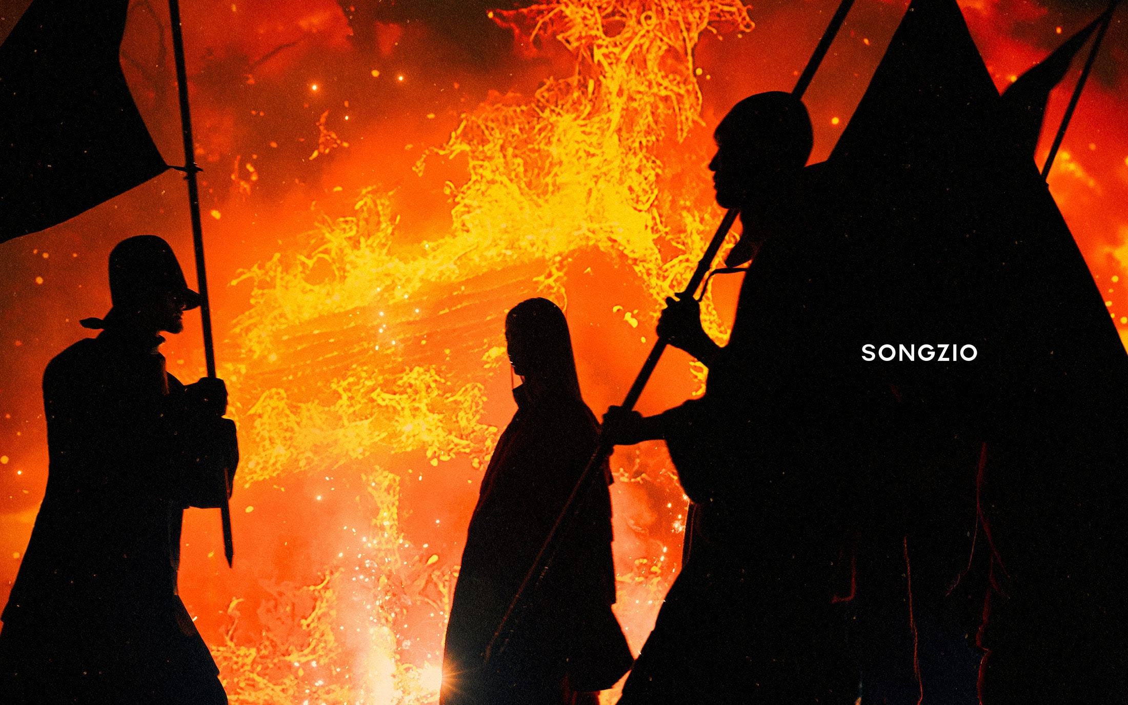 Silhouettes of four people holding tall flagpoles against a glowing fiery orange and red background with text SONGZIO.