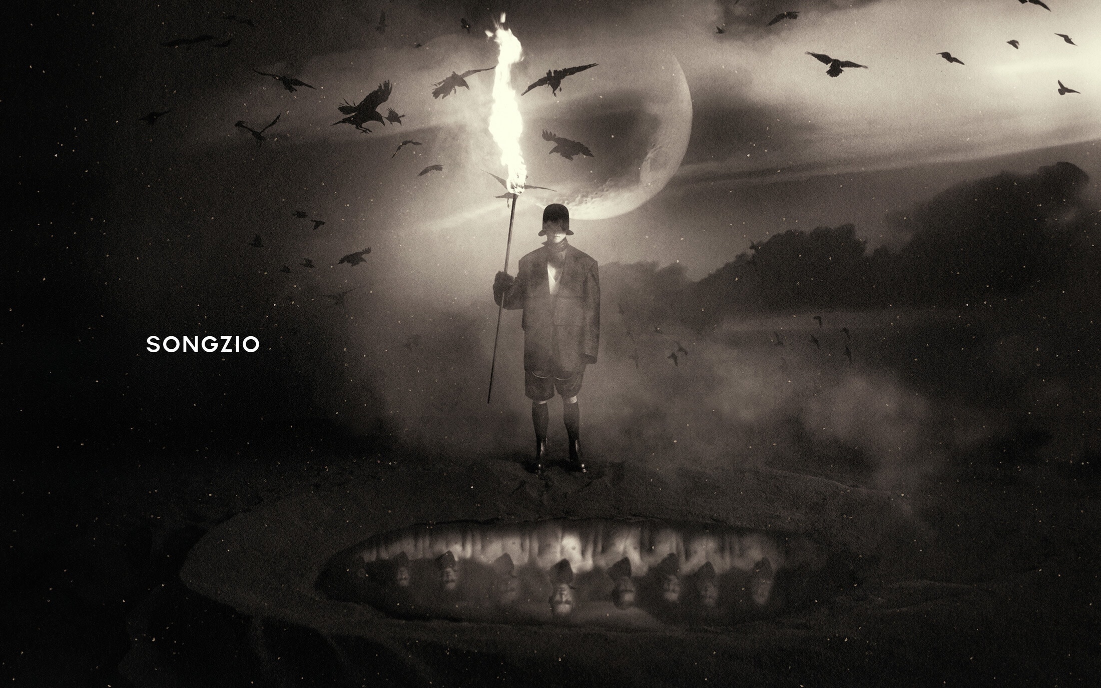 Monochrome fashion campaign image featuring a person holding a flaming torch under a cloudy night sky with flying birds and a glowing moon.