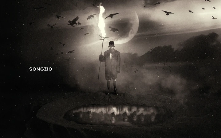 Monochrome fashion campaign image featuring a person holding a flaming torch under a cloudy night sky with flying birds and a glowing moon.