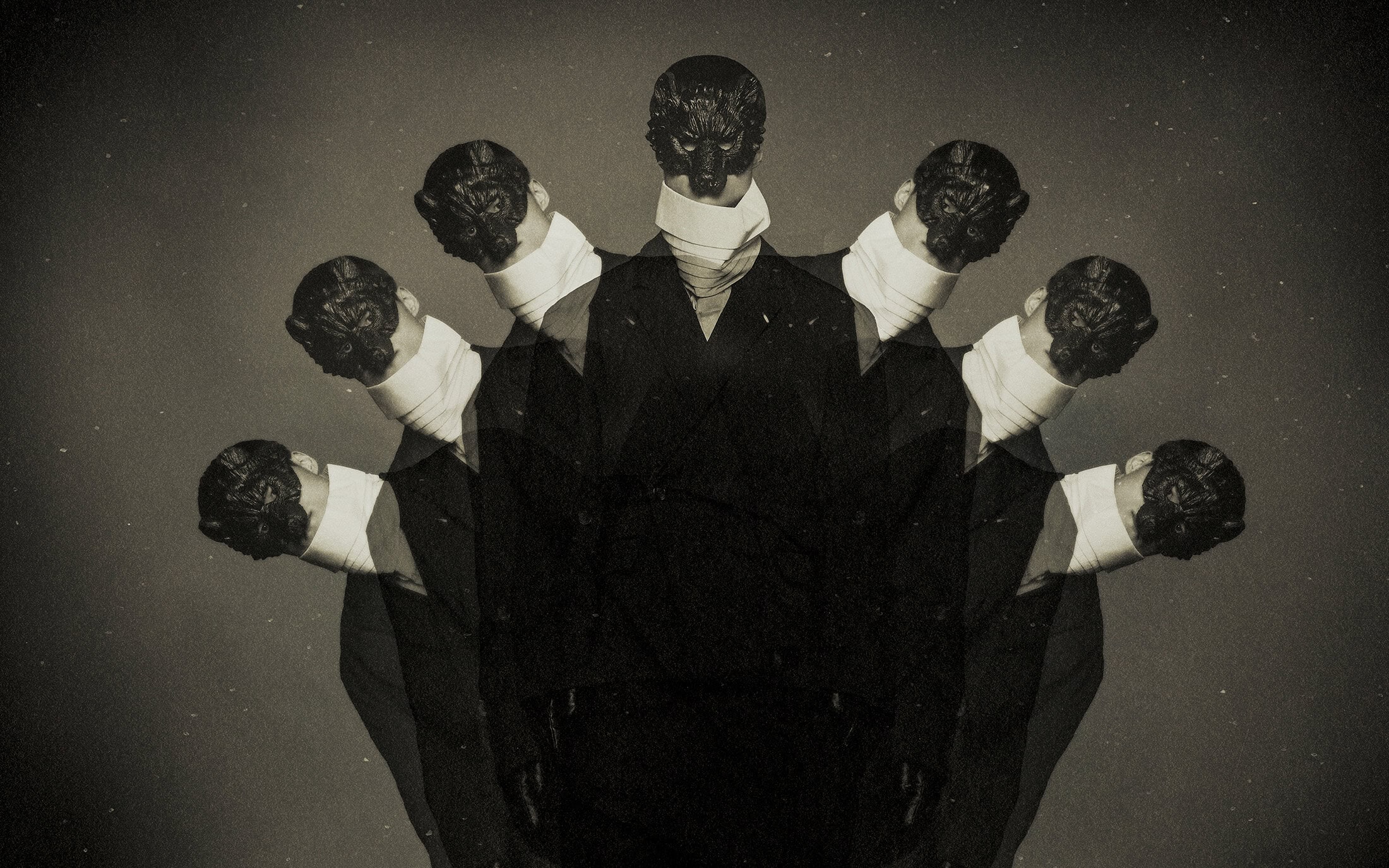 Multiple exposure fashion portrait of models wearing dark masks and high white collars for Songzio Fall 2024 campaign