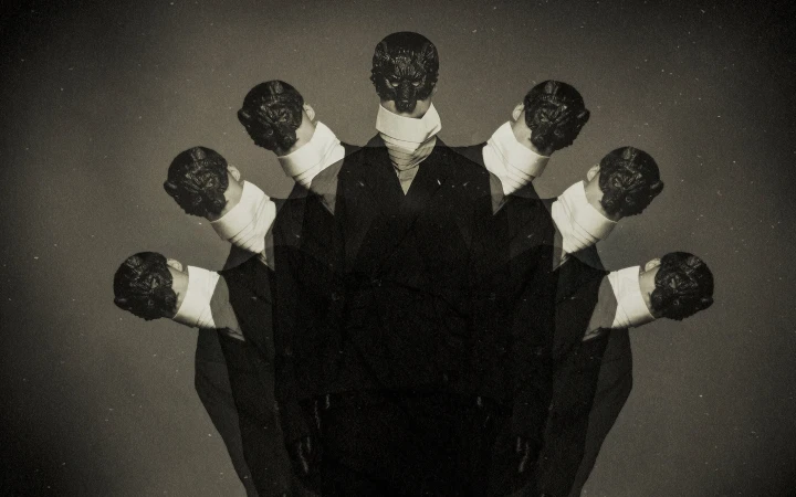Multiple exposure fashion portrait of models wearing dark masks and high white collars for Songzio Fall 2024 campaign