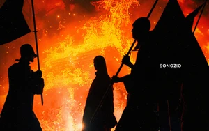 Silhouettes of four people holding tall flagpoles against a glowing fiery orange and red background with text SONGZIO.