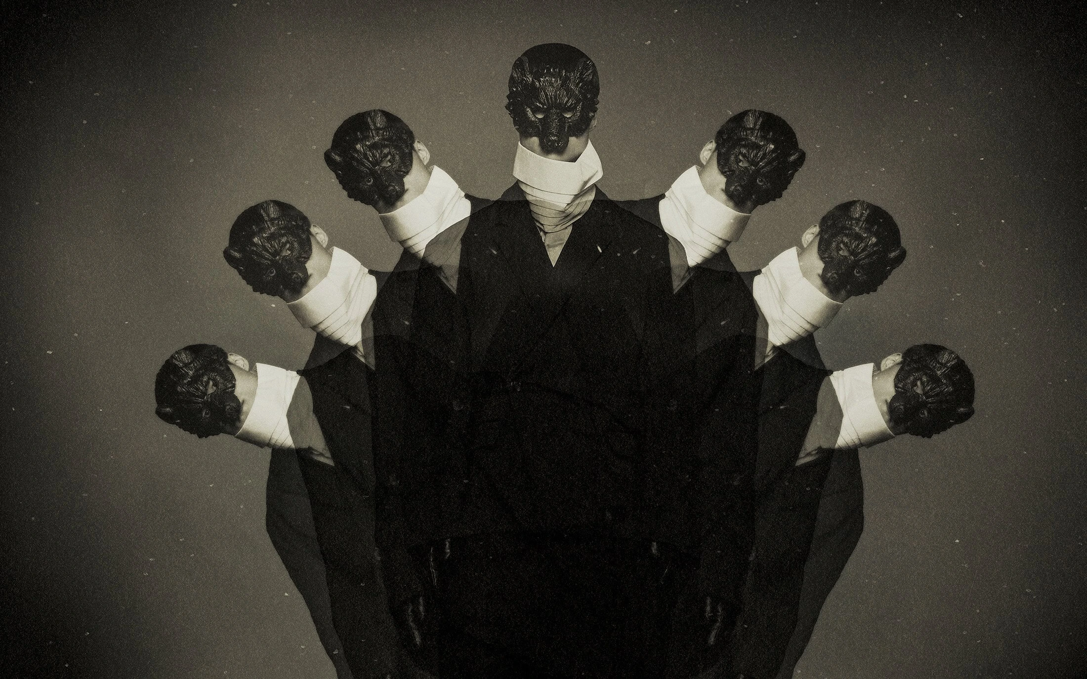 Multiple exposure fashion portrait of models wearing dark masks and high white collars for Songzio Fall 2024 campaign