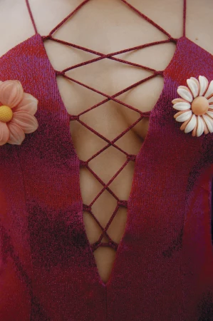 Close-up of a red lace-up dress adorned with two floral appliqués for Maccapani Fall 2024 Ad Campaign.