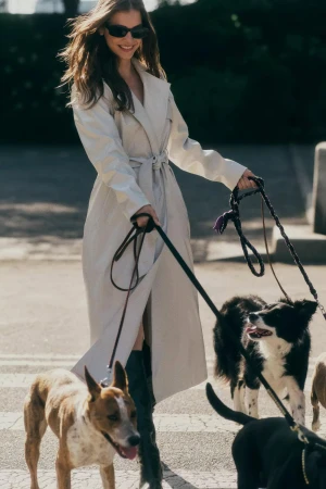 Model Barbara Palvin walking dogs on a street wearing a long belted cream trench coat and sunglasses