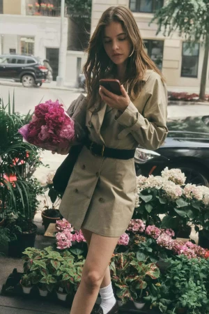 Model Barbara Palvin wearing a belted khaki trench coat and holding a bouquet of pink flowers while looking at her phone on a city street.