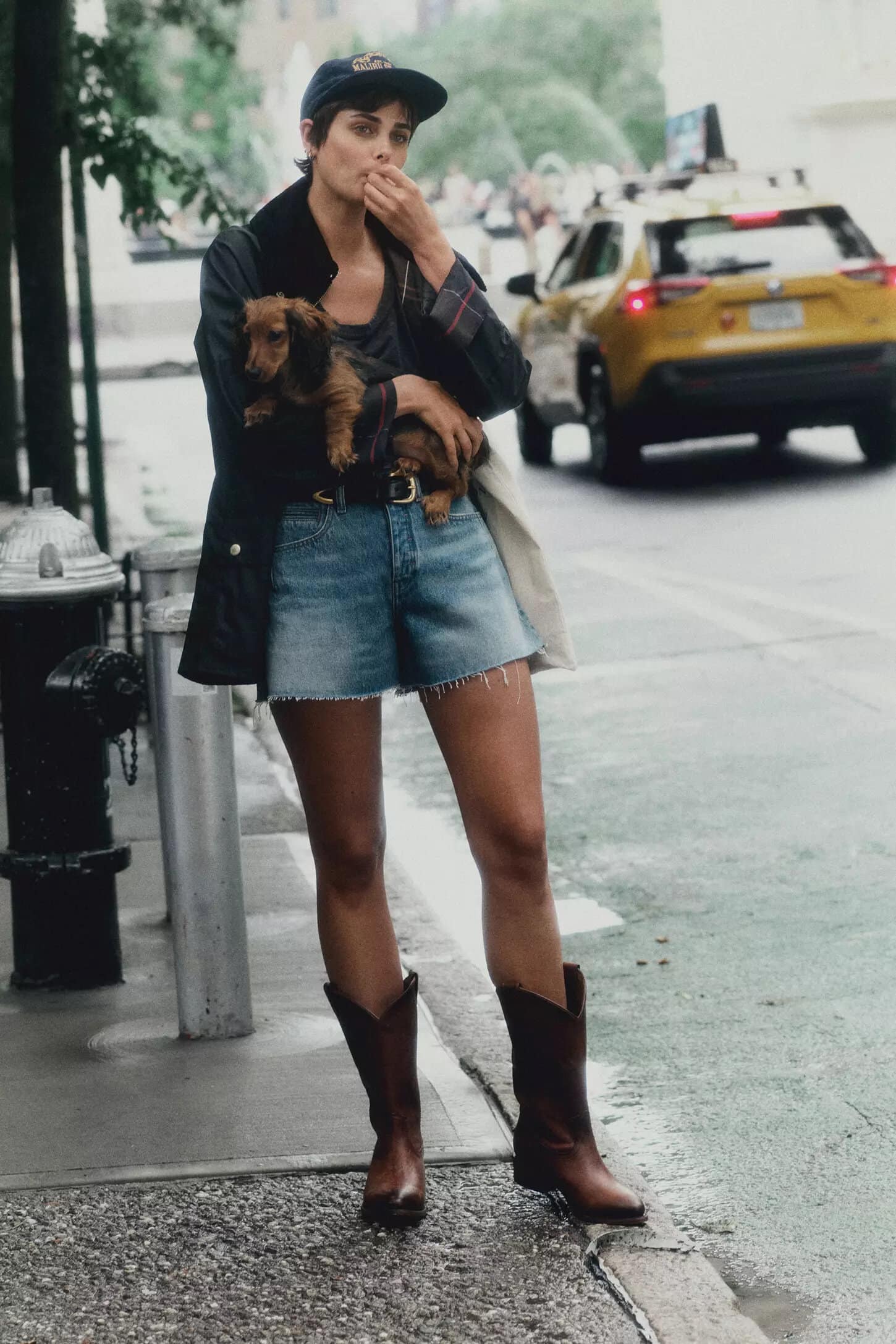 Woman in denim shorts and cowboy boots holding a small dachshund dog standing on a New York City street.