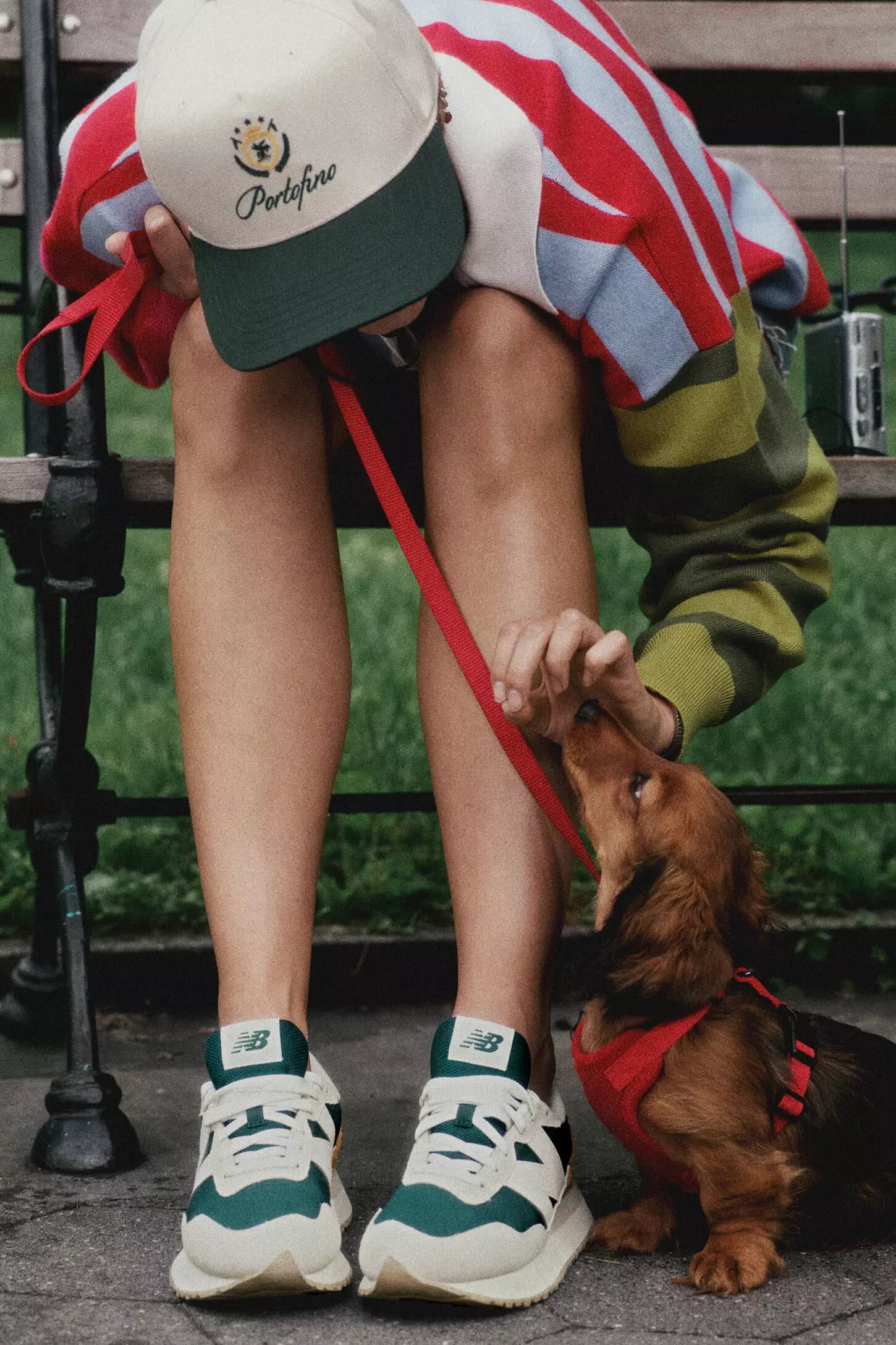 Person wearing a striped sweater and cap seated on a park bench, holding a red leash next to a small dachshund.