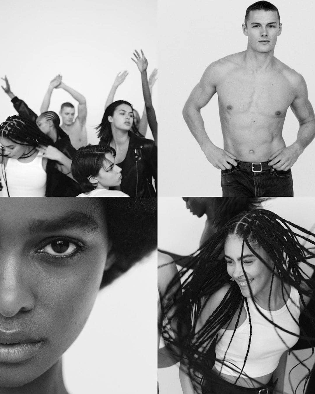 Black and white composite image featuring multiple fashion models for Calvin Klein CK One Essence campaign shot by Alasdair McLellan